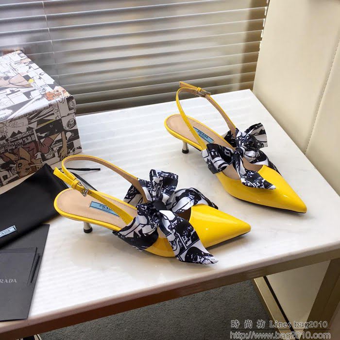 PRADA普拉達 2019早春新款 蝴蝶結絲帶 百搭款 高跟涼鞋 牛漆皮 女尖頭鞋 一鞋兩穿  ljl1462